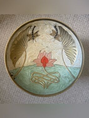 Vintage Lotus and Dragonfly Brass Enamel Decorative Bowl